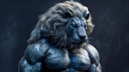Muscular and powerful lion king. Strong predator, angry and aggressive hero. Fantasy courageous warrior, confident, dominant and brave ruler, gladiator fighter, territorial leader beast