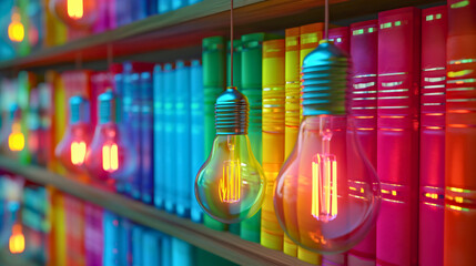 Light bulbs next to the shelf full of colorful books in library. Bright and creative idea in...