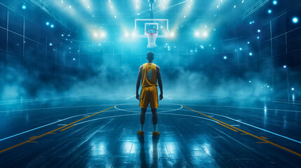 Rearview of one male athlete in yellow jersey standing on a blue basketball gym court with smoke and bright lights, looking at the hoop. Man in an indoor sports arena stadium alone, copy space