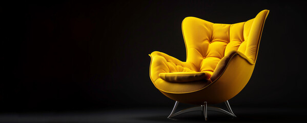 A yellow chair with a black background. The chair is the main focus of the image. The chair is the only object visible. a yellow design chair against a black background product