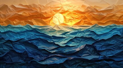 ocean scene at sunset landscape composition created of crumpled paper