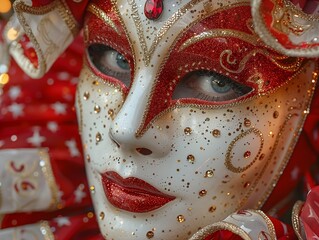 Red and gold mask adorned with red roses and ornate details, AI-generated.