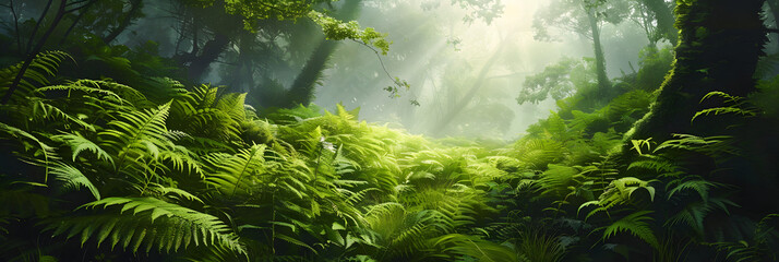 A serene image of a tranquil forest scene, with sunlight filtering through the trees onto a carpet of fresh, green ferns, evoking a sense of renewal and vitality
