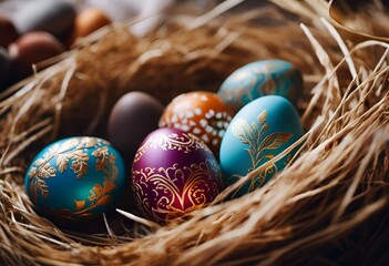 Fototapeta na wymiar colorful easter eggs in the nest with natural branches and nuts