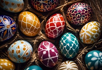 many different colored easter eggs are sitting in a basket in front of each other