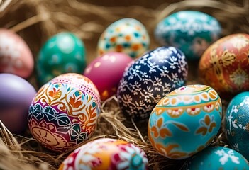 Fototapeta na wymiar easter eggs in nest with flowers and paint on them with straw