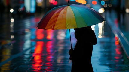 a woman walks down a sidewalk with an umbrella and street lights in the background