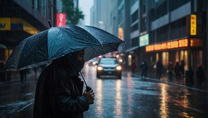 a man in black is holding an umbrella on the street