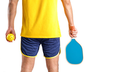man from behind in yellow and blue sportswear with pickleball paddle in hand on white background
