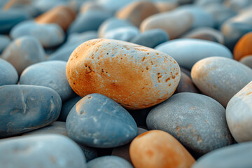 Fototapeta na wymiar Close-up of pebbles with central rock, zen concept macro nature wallpaper background
