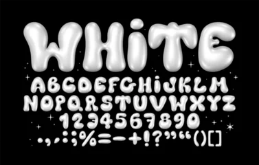 Selbstklebende Fototapeten Glossy white bubble font. Inflated alphabet 3D  ballon letters and numbers. Vector set © BonkiStudio