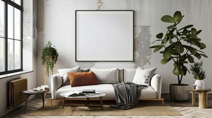 Mock up poster frame in modern interior background, living room, Contemporary style, 3D render, 3D illustration