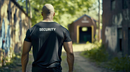 Naklejka premium Rearview of the security guard wearing a black t shirt, walking outdoors, copy space. Muscular and fit bald guy, strong adult man back view. Professional bodyguard service, monitoring, patrolling
