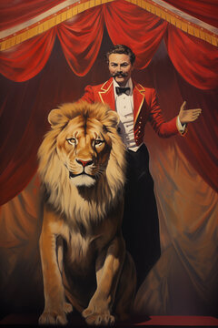lion tamer vintage circus painting with lion in red curtain tent