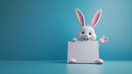Funny white bunny holding a blank sign. Announcement, moc kup, copyspace.  3d style. Generative ai.