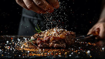 The concept of cooking meat. The chef cook salt on the cooked steak on a black background
