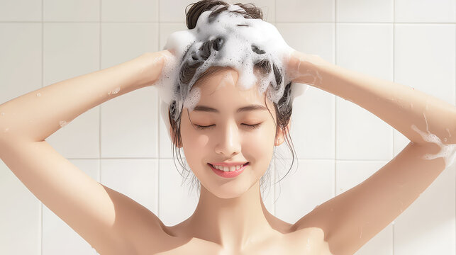 AI Generative girl model cleaning her hair. High resolution portrait of an asian model shampooing and cleansing her hair. 