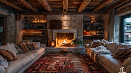 Fototapeta premium A cozy living room with a fireplace and a large rug. The room is filled with bookshelves and a couch