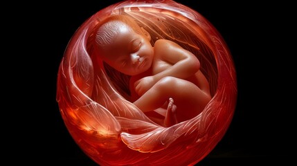 A developing child illustrated within a woman's belly serves as a detailed visualization of the process.