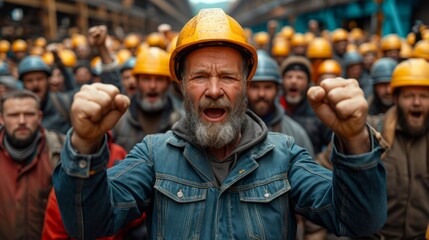 An industrial workforce on strike. Protestors in construction helmets demand better working conditions and higher wages.
