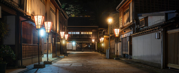 Fototapeta na wymiar 金沢のひがし茶屋街のパノラマ夜景