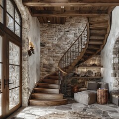 A spiral staircase leads to a room with a fireplace and a wooden floor. The room has a rustic feel with wooden furniture and a stone wall