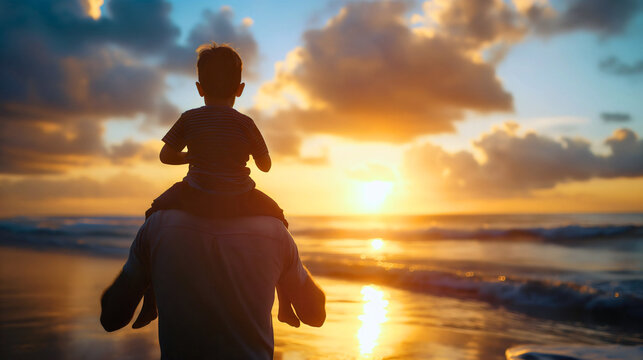 Rearview silhouette of a father carrying his son on back or shoulders, dad holding toddler boy around his neck, watching sunset over sea or ocean water. Family vacation, parent and child, copy space