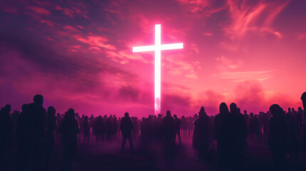 Silhouette of a crowd or group of people standing under the white light glowing cross on the pink and orange sunset sky. Christian religious faith sign and symbol, believe forgiveness,church community