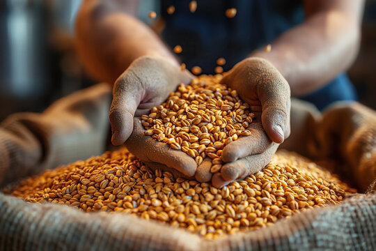 male brewer holds handful of wheat malt in hands at beer factory close-up