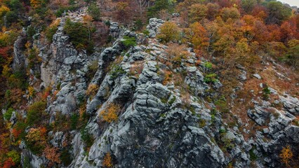 Aerial view of rocky cliffs with autumn trees near Harpers Ferry, Virginia
