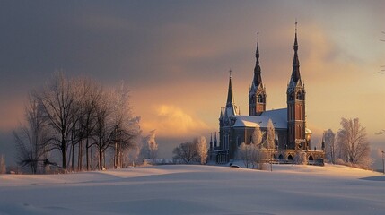 The elegant spires of the Segantini Museum rising above the snowy landscape, with a backdrop of dusky skies. - obrazy, fototapety, plakaty