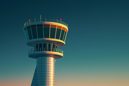 Airport control tower standing tall against a twilight sky, Futuristic , Cyberpunk