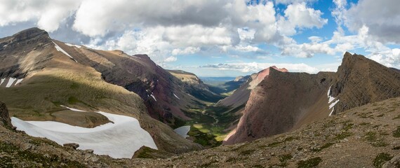 Panoramic shot of a valley in the Glacier National Park Montana on a clear bright day