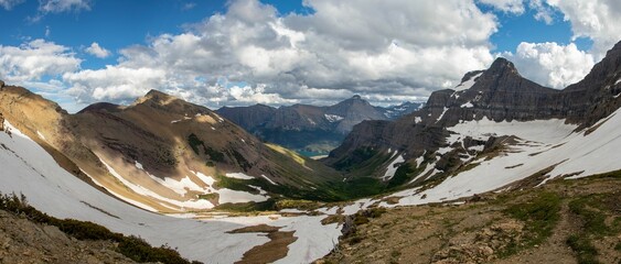 Panoramic shot of a valley in the Glacier National Park Montana on a clear bright day