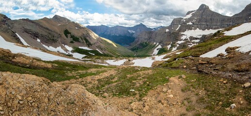 Wide shot of a valley in the Glacier National Park Montana on a clear bright day