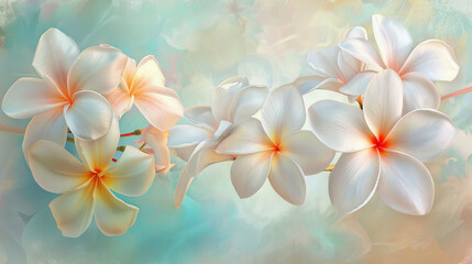 Fototapeta na wymiar Soft and delicate frangipani blooms, painted with gentle hues of pastel.