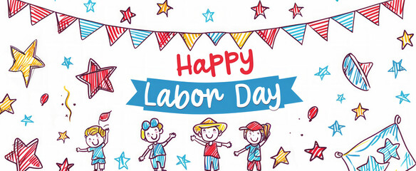 Kids Festive Labor Day Drawing with Stars and Banner