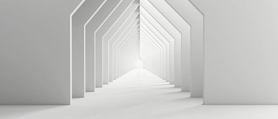 Futuristic Perspective View of an Infinite White Corridor with Geometric Architectural Design
