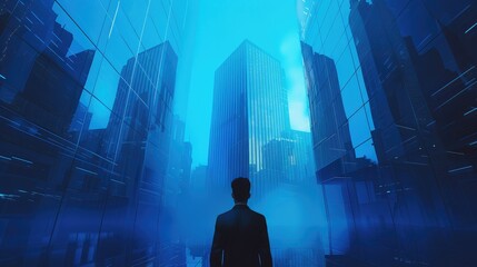 A man in a suit stares through a blue mirror. Marvel at the blue skies and towering symmetrical skyscrapers.