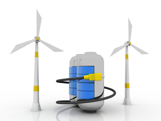 3d rendering Group of Wind Turbine with battery