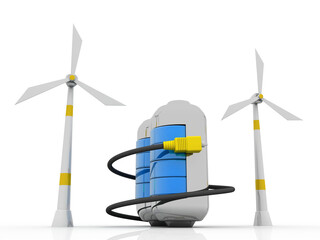 3d rendering Group of Wind Turbine with battery