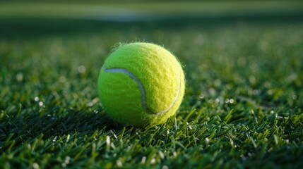 Tennis ball lying on the grass which is an important piece of sports equipment used in the game of tennis which is a popular ball game
