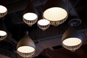 Modern chandeliers hanging from a ceiling - obrazy, fototapety, plakaty