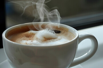 A steaming cup of coffee with delicate foam swirling on top, super realistic - obrazy, fototapety, plakaty