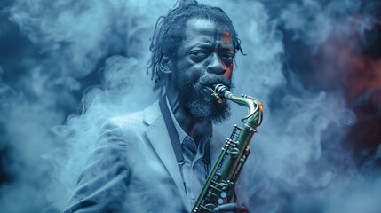 Obraz premium Independent Jazz Musicians Playing Solo Instruments Digital Art Wallpaper Background Backdrop