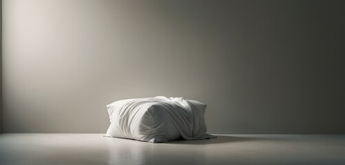A single white pillow wrapped tightly in cloth, sitting isolated on a grey floor, giving a surreal artistic impression.