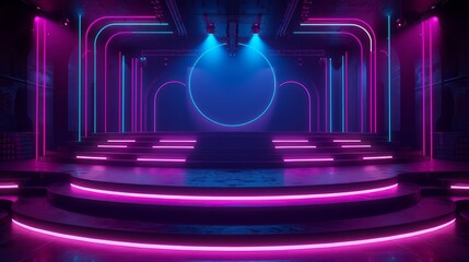 Neonlit digital amphitheater in the Metaverse, hosting virtual gatherings and events. - obrazy, fototapety, plakaty