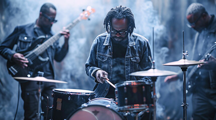 Fototapeta premium Independent Jazz Musicians Playing Solo Instruments Digital Art Wallpaper Background Backdrop