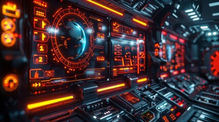 Space station command center, futuristic controls highlighted by neon outlines - obrazy, fototapety, plakaty