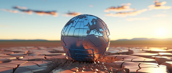 3D-rendered globe with parched earth cracks, paper-cut style, minimalist, blurred desert background,